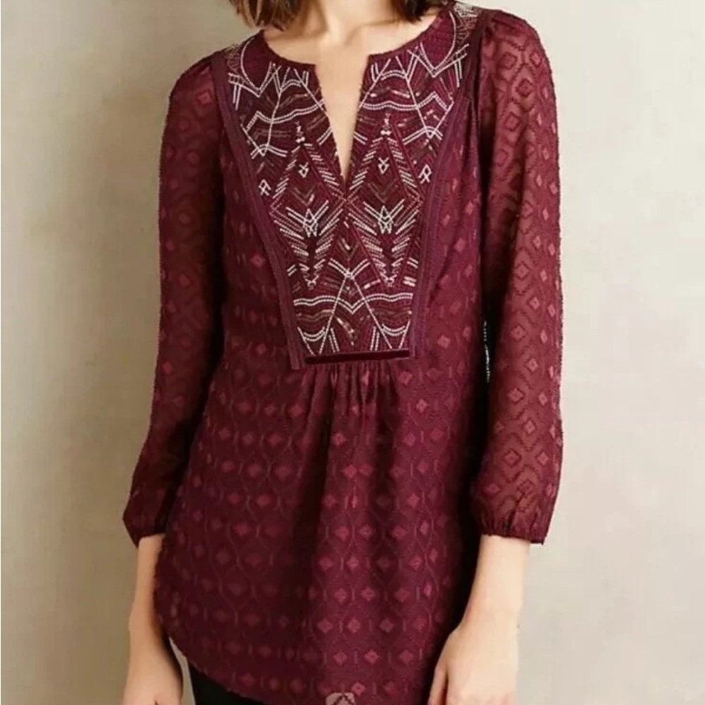 Anthropologie One September Madiran Burgundy Embroidered Peasant Top Sz Medium - Picture 7 of 7
